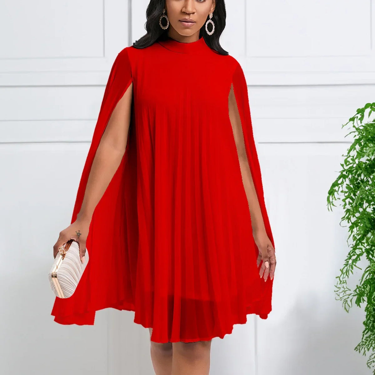 Vestido Lumera™ com Gola Alta, Mangas Longas Estilo Capa e Caimento Fluido