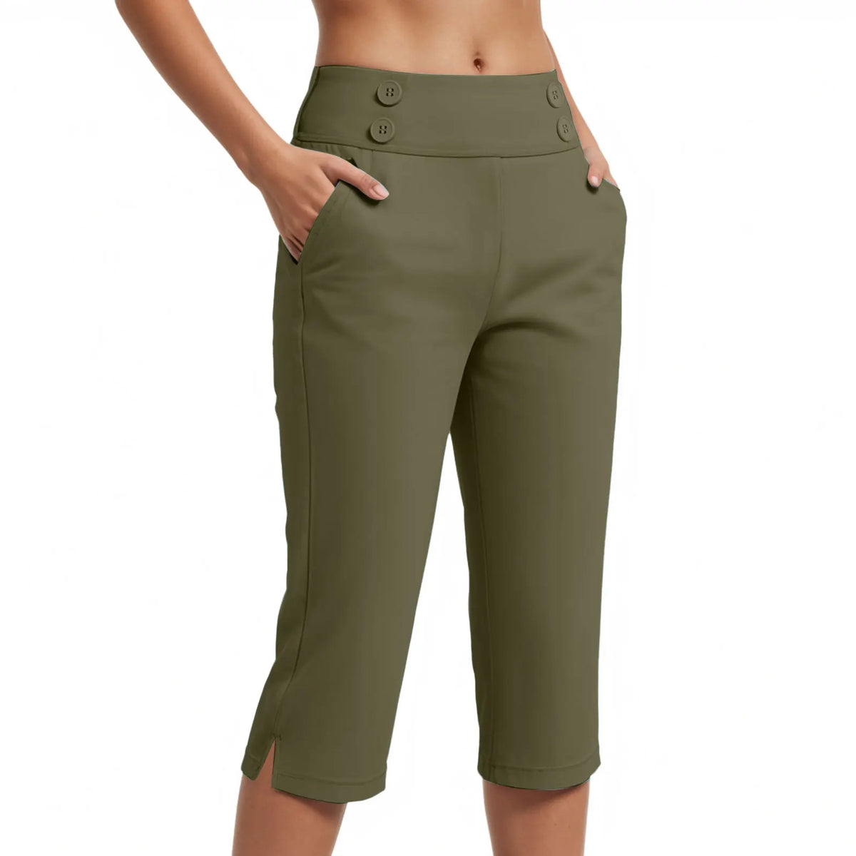 Calça Capri Simone™ com Botões Decorativos no Cós, Cintura Alta e Bolsos Laterais