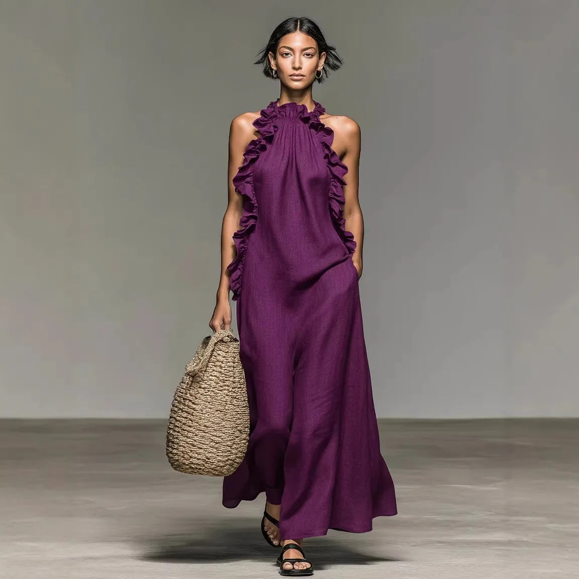Vestido Velisse™ com Acabamento em Babados e Caimento Solto / A modelagem acompanha o corpo sem marcar a silhueta.