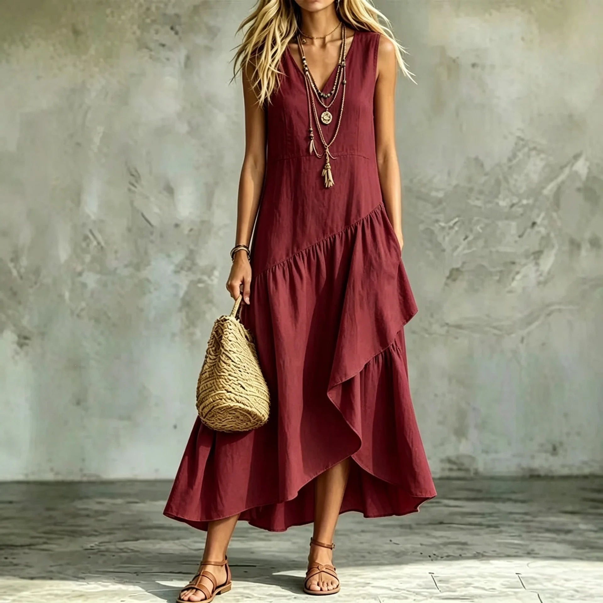 Vestido Liorah™ com Decote em V e Saia Assimétrica em Camadas Fluidas / Movimento Que Encanta Ao Caminhar