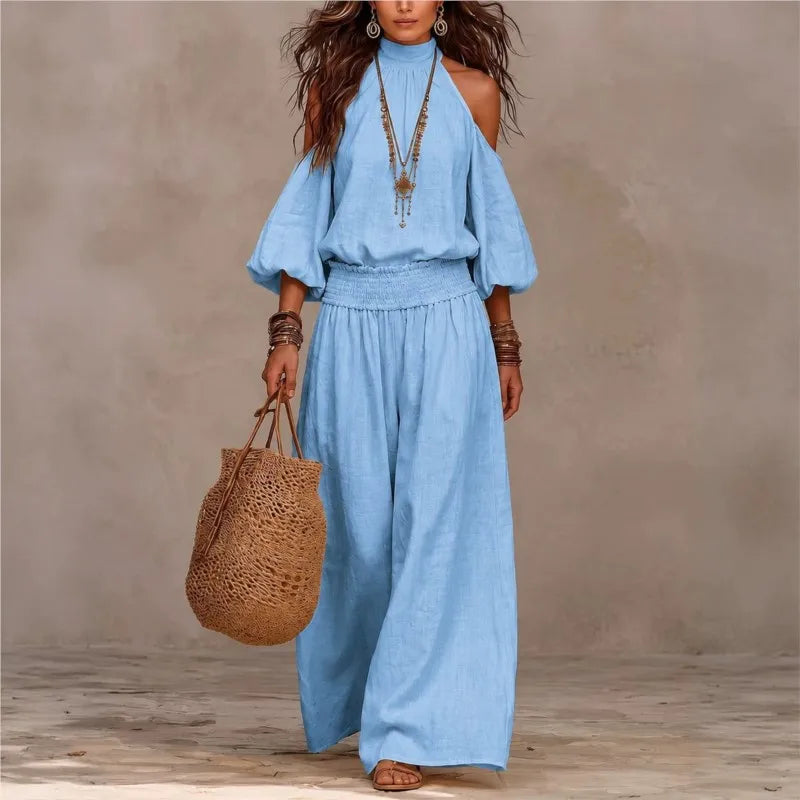 Conjunto Elisia™ com Blusa de Ombros Vazados e Calça Pantalona de Cós Elástico