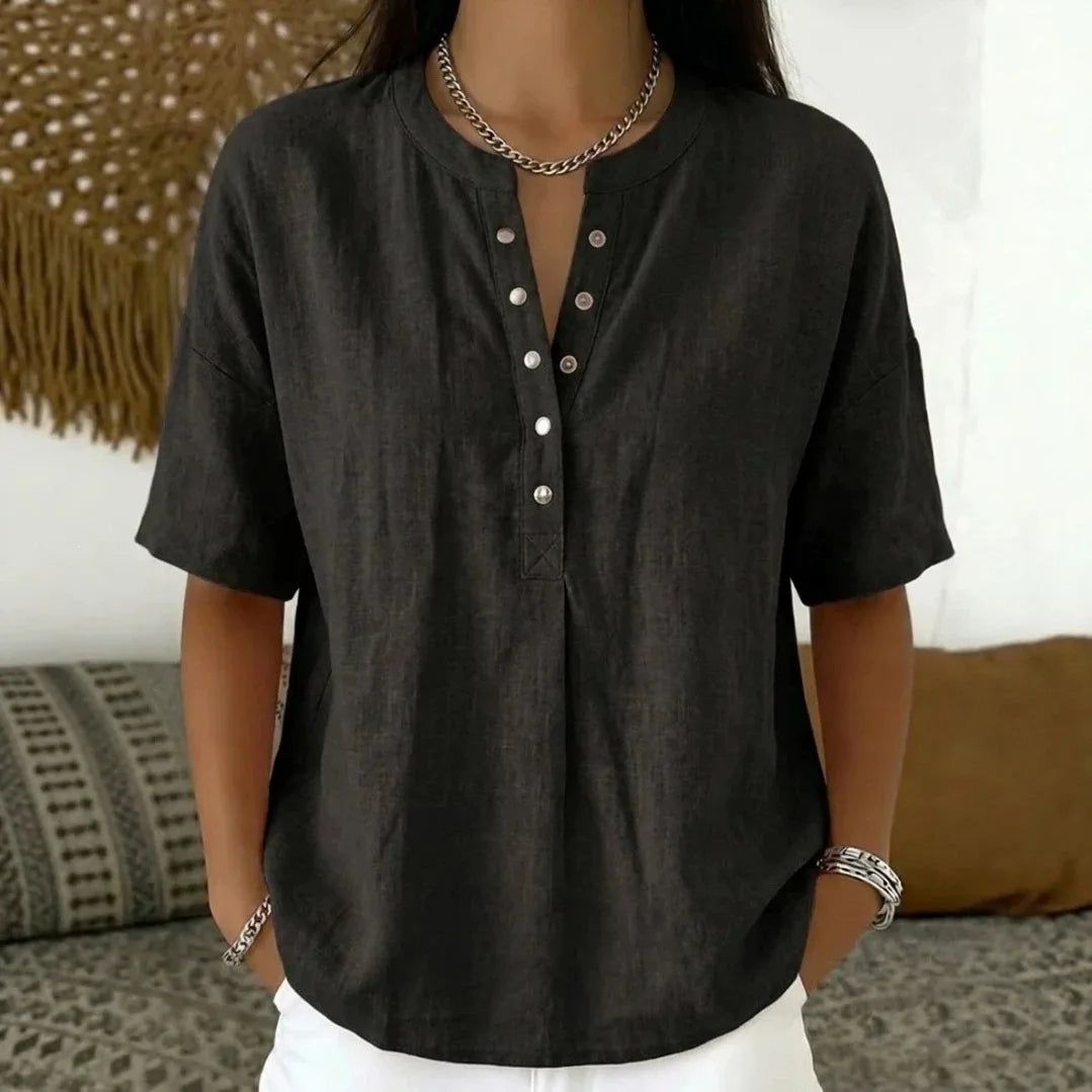 [COMPRE 2 E LEVE 3] Blusa Ambrina™ em Linho de Algodão com Botões Frontais Delicados na Gola e Modelagem Ampla