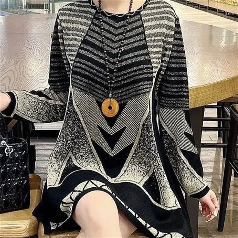 Suéter Tereza™ em Tricot Estampado com Modelagem Solta / Sofisticação Madura e Conforto Elegante Para os Dias Frios!