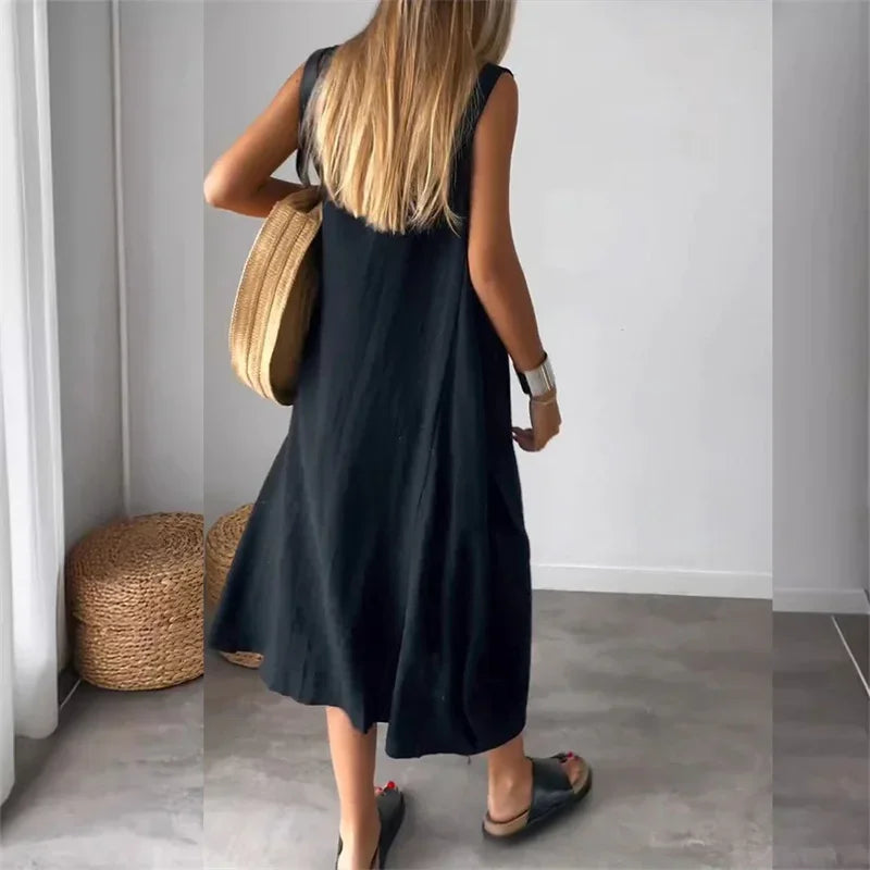 Vestido Malaya™ em Linho de Algodão com Estilo Minimalista / Toque Suave e Caimento Fluido para Máximo Conforto!