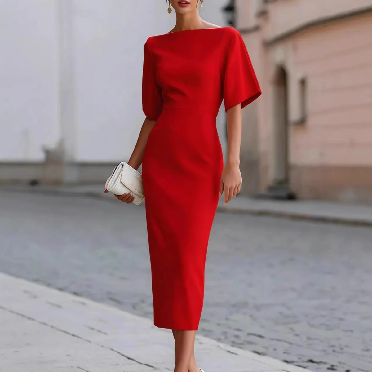 Vestido Estelina™ com Cintura Marcada, Mangas Amplas e Decote Canoa  / Um Visual Refinado Sem Precisar de Muitos Acessórios