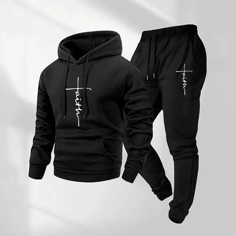 Conjunto Raviel™ com Estampa Faith, Moletom de Capuz e Calça Jogger