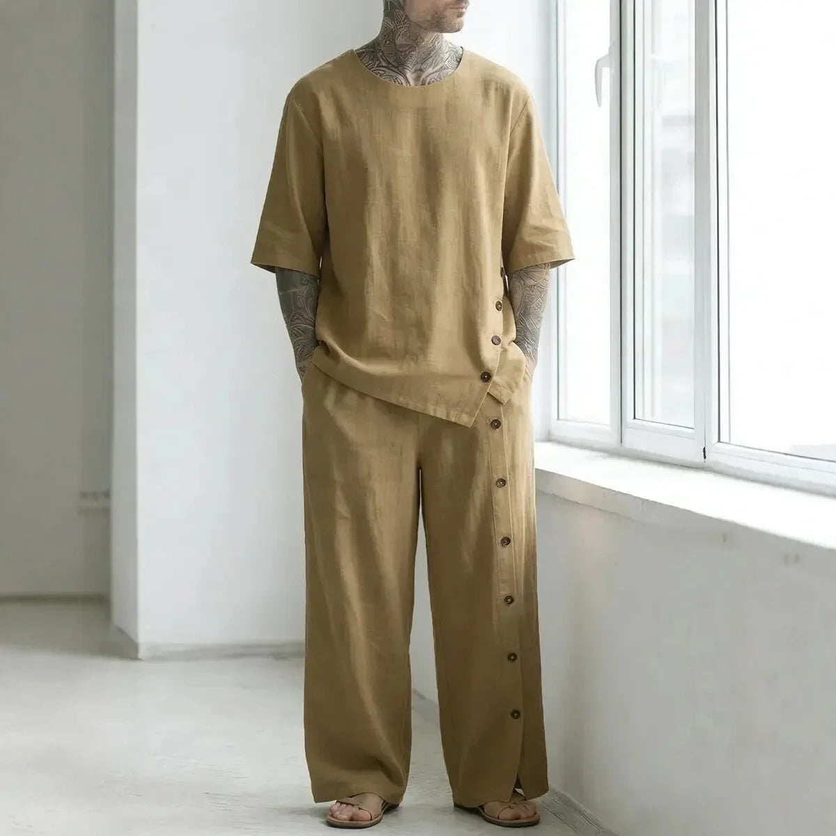 Conjunto Alessio™ com Camiseta Oversized, Calça de Modelagem Ampla e Fileira de Botões Laterais / Um Visual Minimalista com Detalhes Que Fazem Toda a Diferença