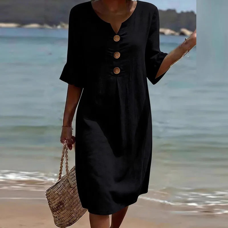 Vestido Liora™ em Linho de Algodão com Botões Frontais e Caimento Leve