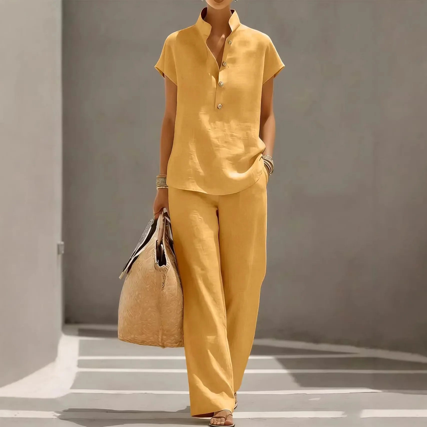 Conjunto Marelisse™ em Linho de Algodão Com Blusa Solta e Pantalona Fluida