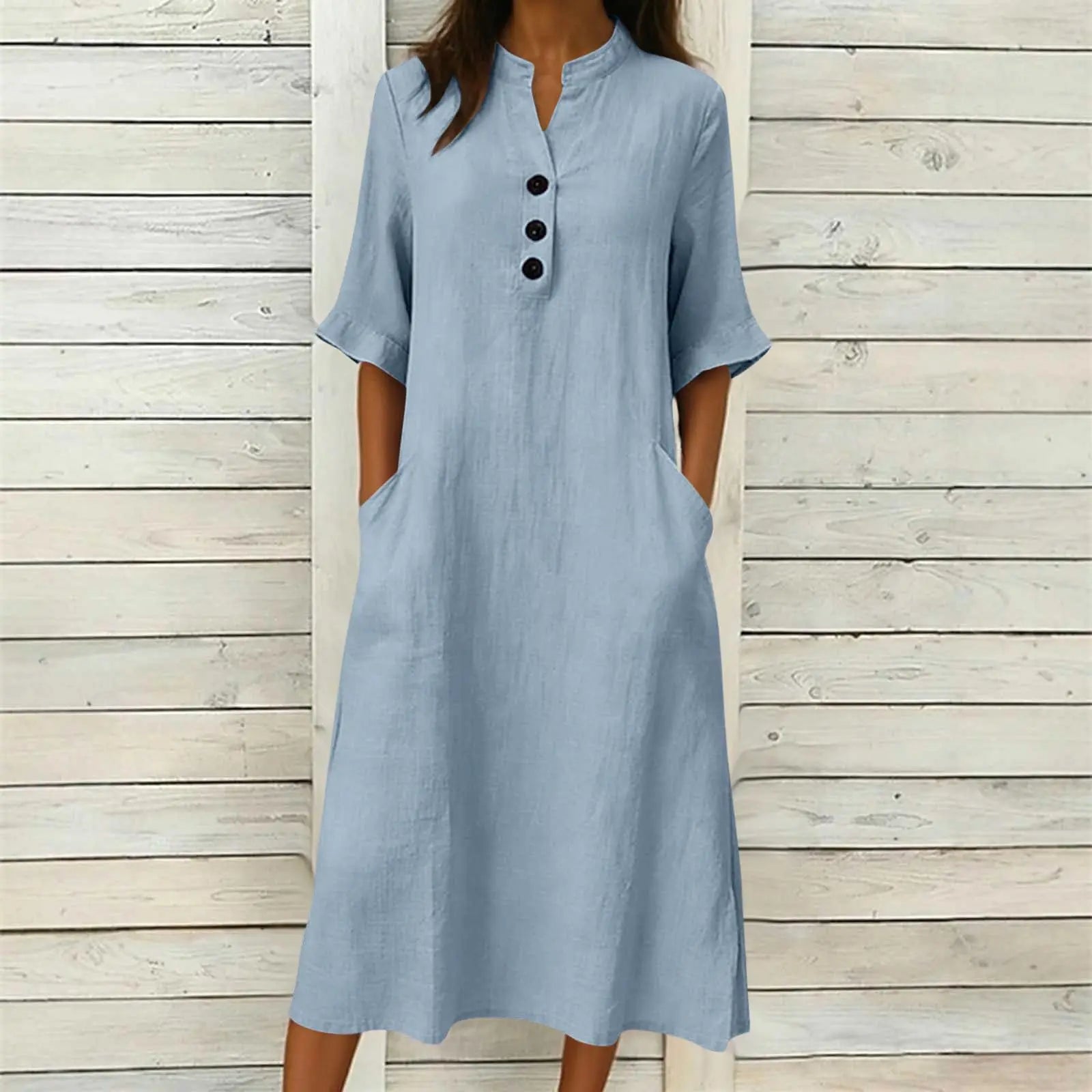 Vestido Elaine™ em Algodão com Gola Mandarim, Botões Frontais e Bolsos Laterais