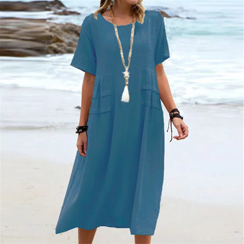 Vestido Alessia™ em Linho de Algodão com Detalhes em Camadas nas Laterais / Elegância Casual Para Diferentes Ocasiões
