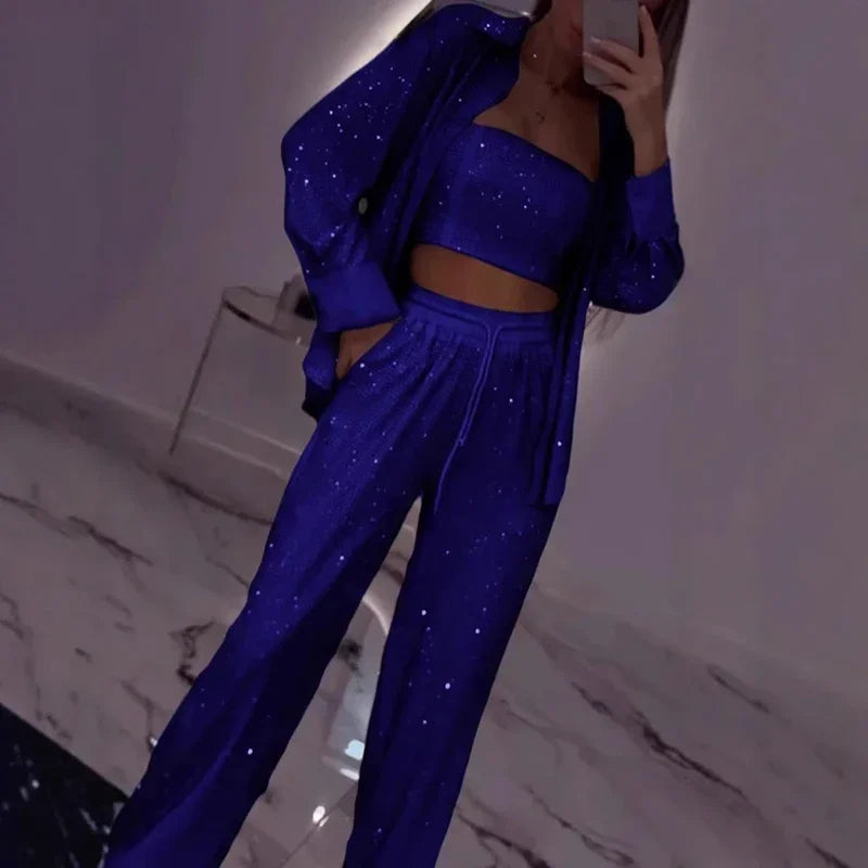 Conjunto Midnight™ com Pantalona, Top e Camisa Brilhante / O Glamour Moderno em Movimento!