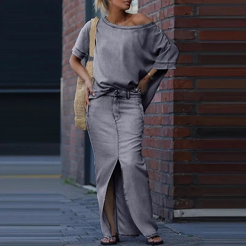 Conjunto Capri Bleu™ com Blusa Assimétrica  e Saia em Jeans Leve