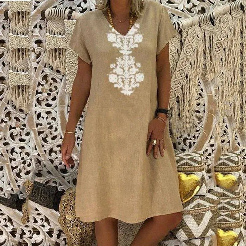 Vestido Midi Saara™ com Design Ornamental em Arabesco, Decote V e Modelagem Solta