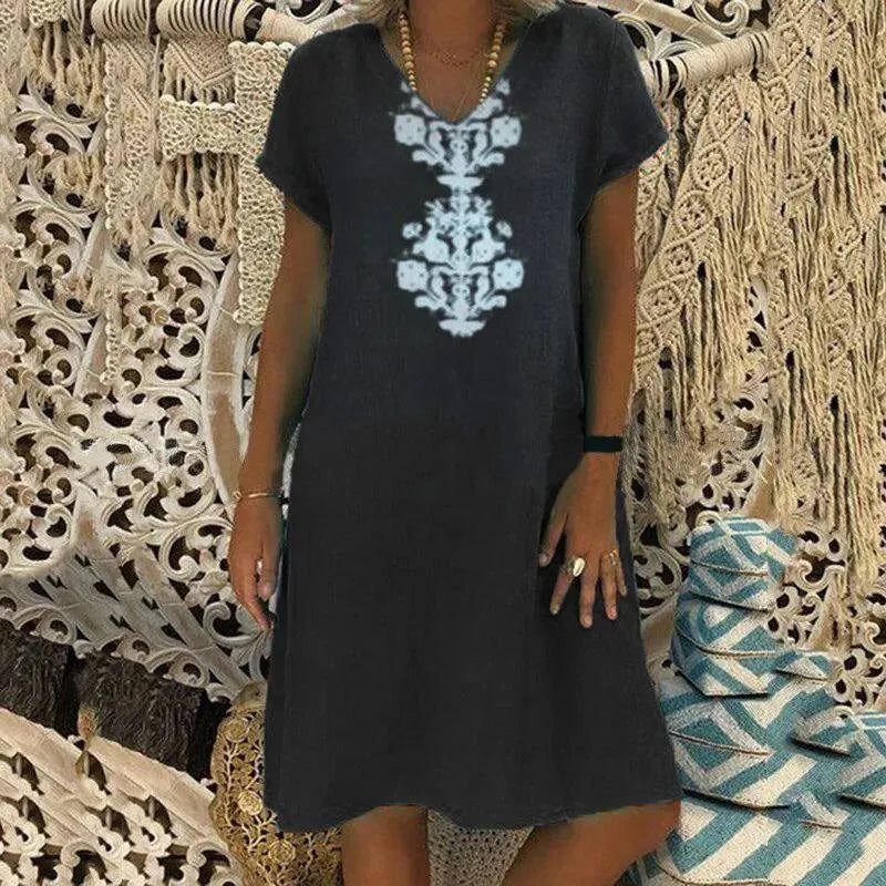 Vestido Midi Saara™ com Design Ornamental em Arabesco, Decote V e Modelagem Solta