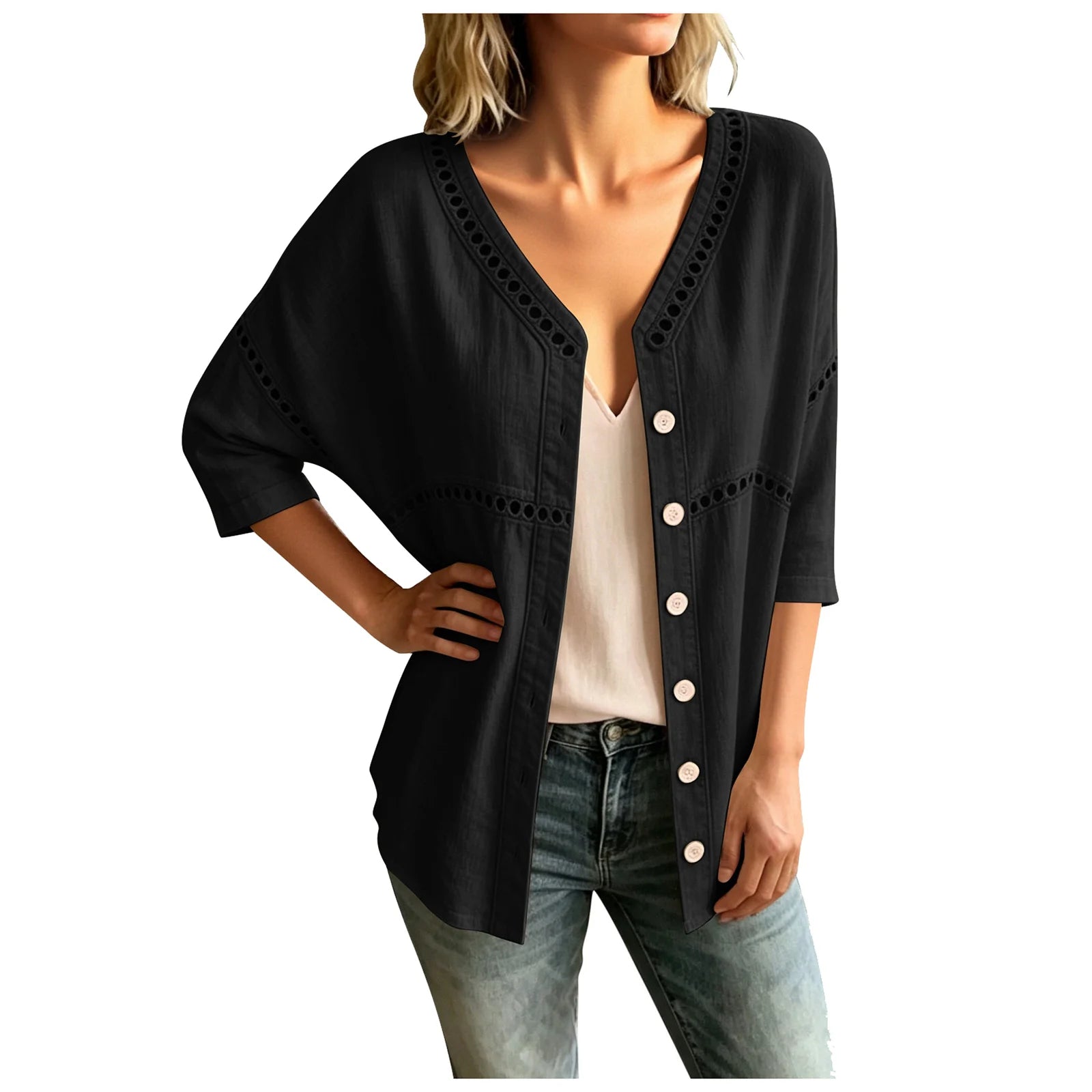 Cardigan Marelia™ Em Linho De Algodão Com Detalhes Vazados E Decote Em V / Sofisticação Exclusiva Inspirada No Mediterrâneo