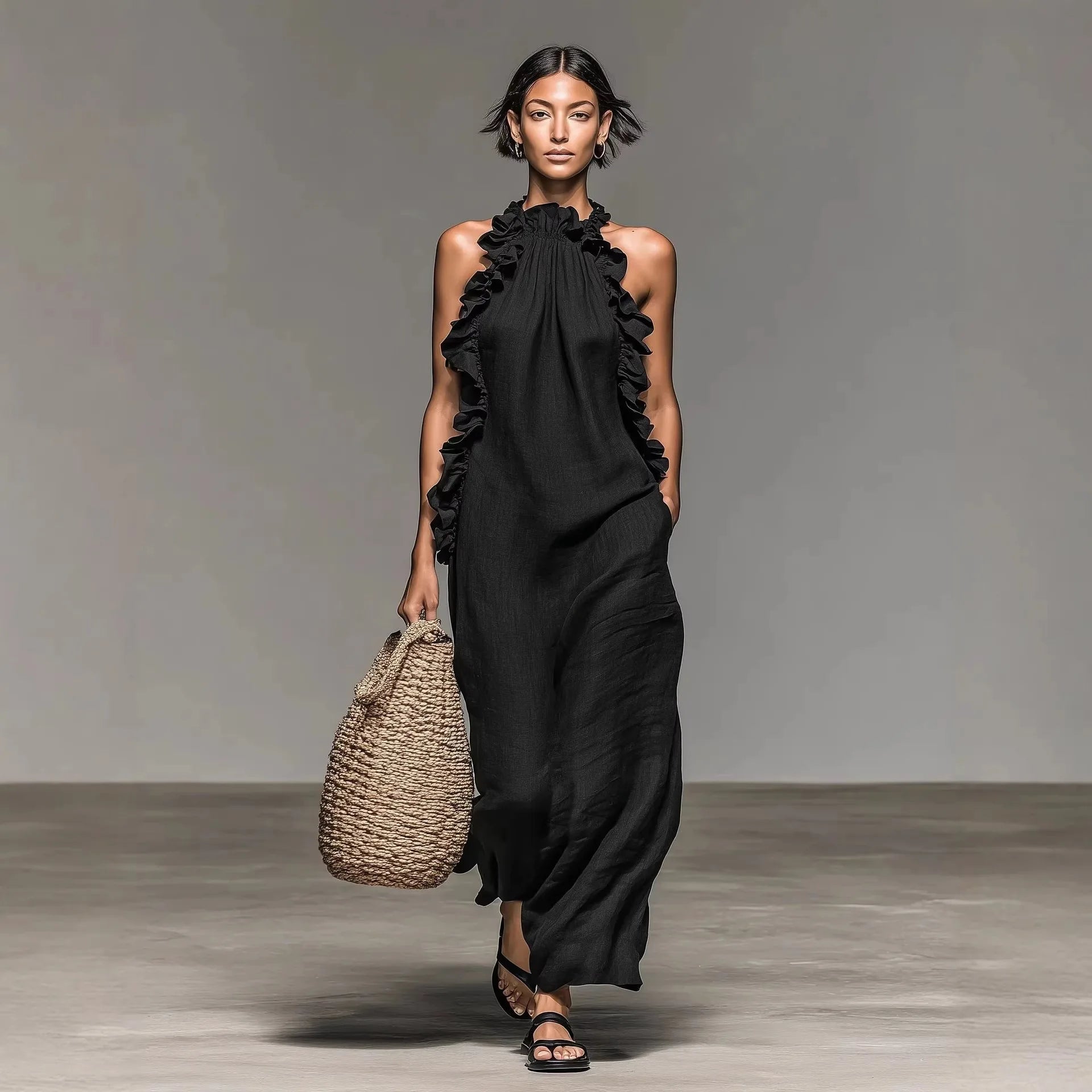 Vestido Velisse™ com Acabamento em Babados e Caimento Solto / A modelagem acompanha o corpo sem marcar a silhueta.
