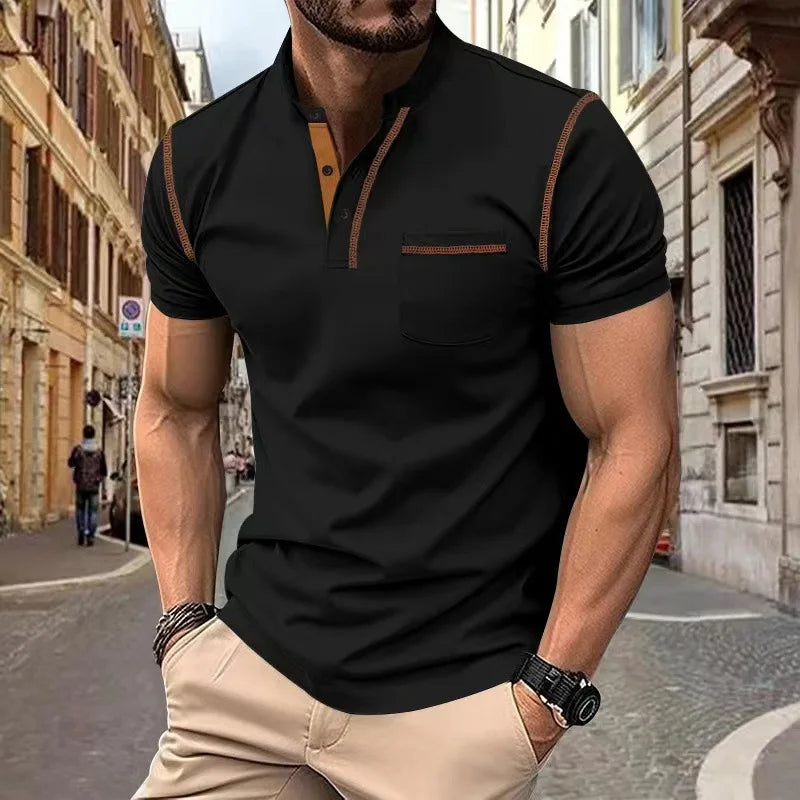 Camiseta Casual Torvani™ com Gola Padre e Acabamento Contrastante / Fácil de Combinar do Jeans à Alfaiataria