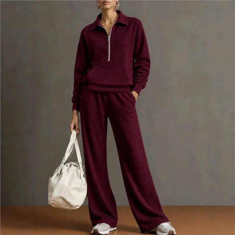 Conjunto Norelle™ com Blusa de Meio Zíper, Bolso Canguru e Calça de Modelagem Ampla
