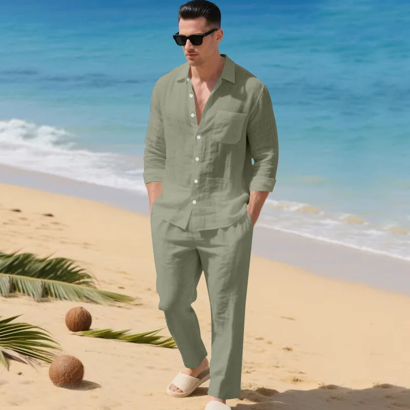 Conjunto Luca™ em Linho de Algodão com Camisa de Botões