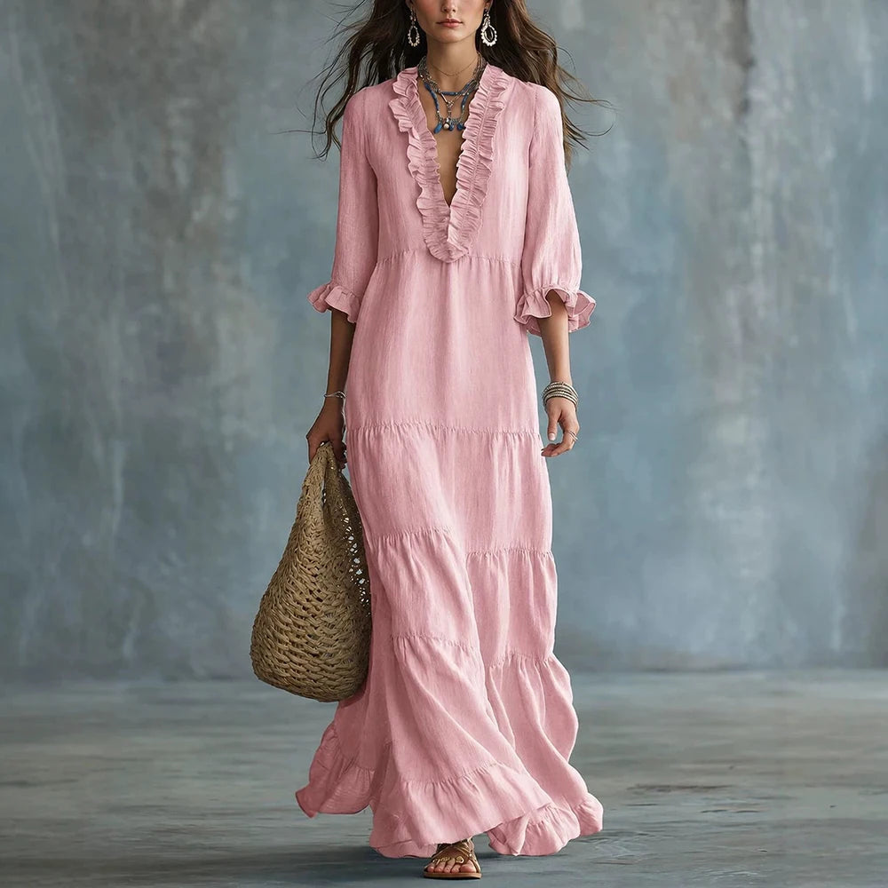 Vestido Elviane™ Longo com Decote V de Babados, Saia em Camadas e Mangas 3/4