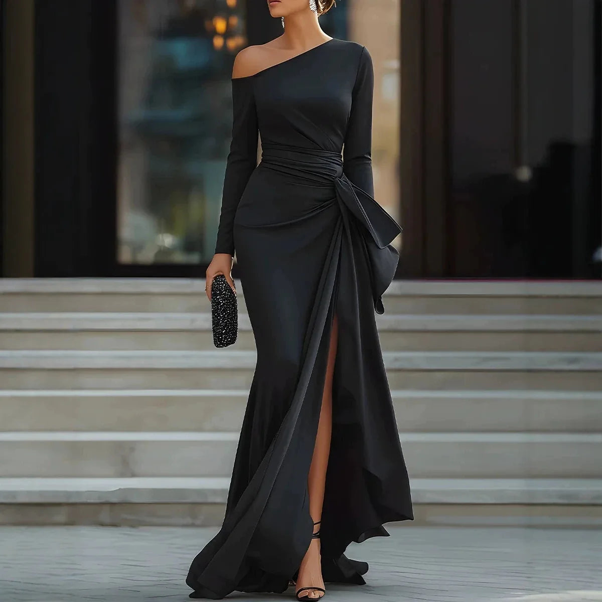 Vestido Vivienne™ com Decote Assimétrico, Drapeado na Cintura e Fenda Frontal / Uma Silhueta Marcante Para Momentos Inesquecíveis