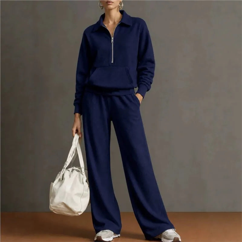 Conjunto Norelle™ com Blusa de Meio Zíper, Bolso Canguru e Calça de Modelagem Ampla