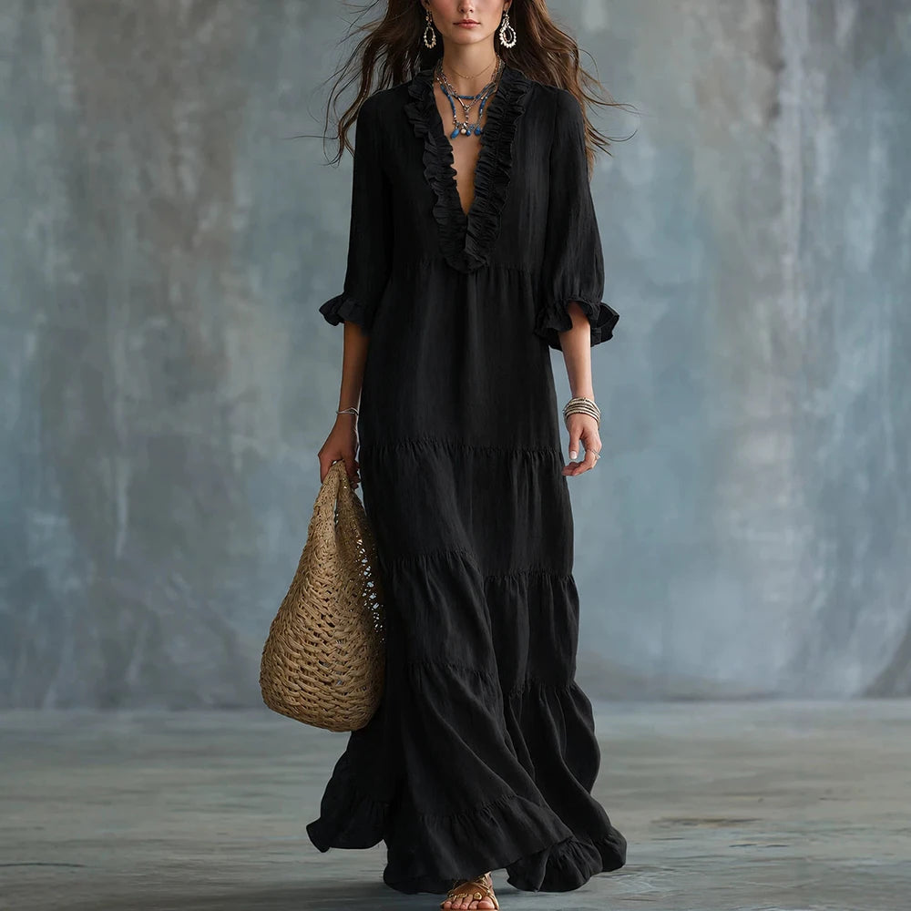 Vestido Elviane™ Longo com Decote V de Babados, Saia em Camadas e Mangas 3/4