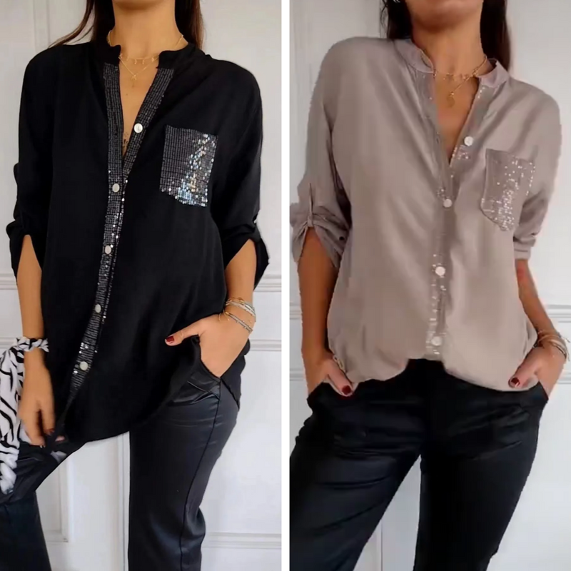 [Liquidação: Compre 1 e Leve 2] Camisa Ortência™ com Brilho em Strass Luxuoso / Envolva-se em Elegância e Conforto que Despertam Desejo!