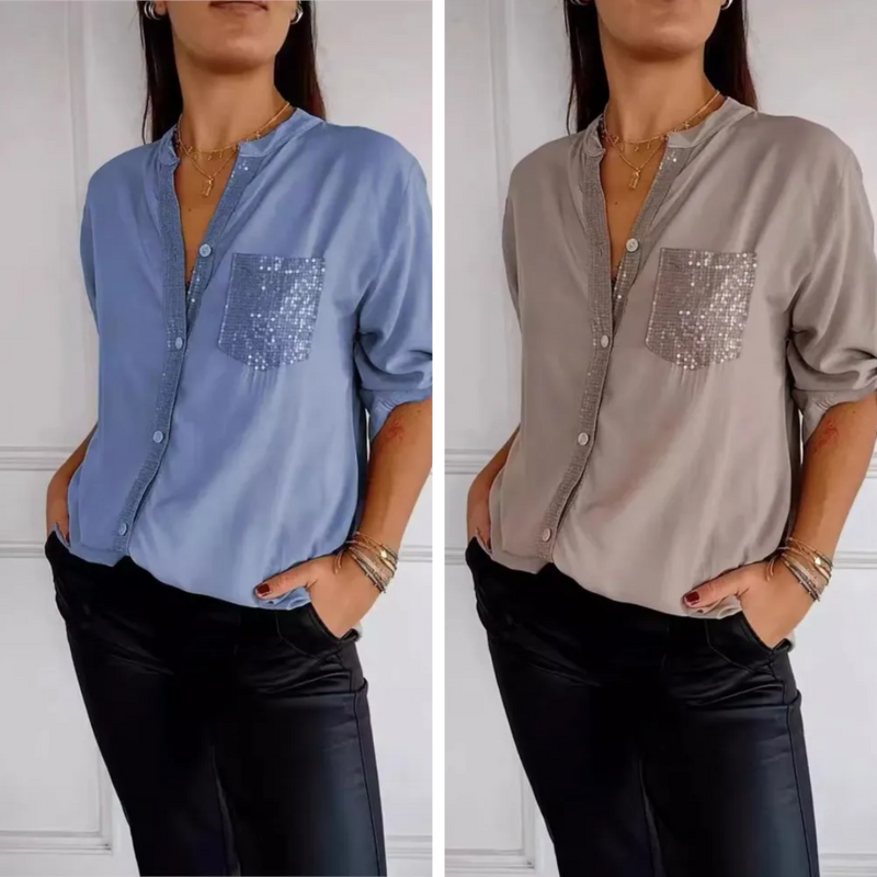 [Liquidação: Compre 1 e Leve 2] Camisa Ortência™ com Brilho em Strass Luxuoso / Envolva-se em Elegância e Conforto que Despertam Desejo!