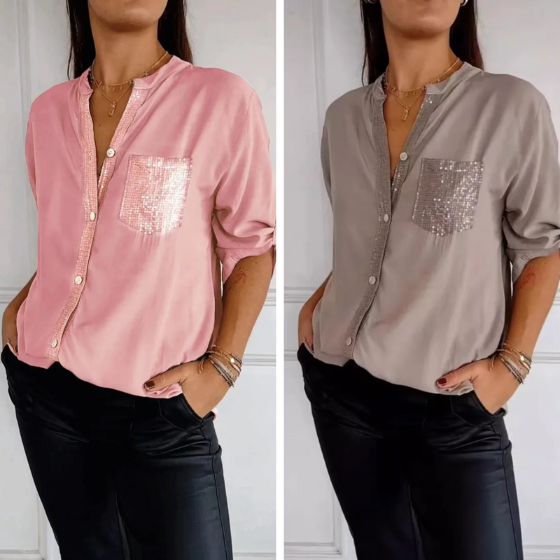 [Liquidação: Compre 1 e Leve 2] Camisa Ortência™ com Brilho em Strass Luxuoso / Envolva-se em Elegância e Conforto que Despertam Desejo!