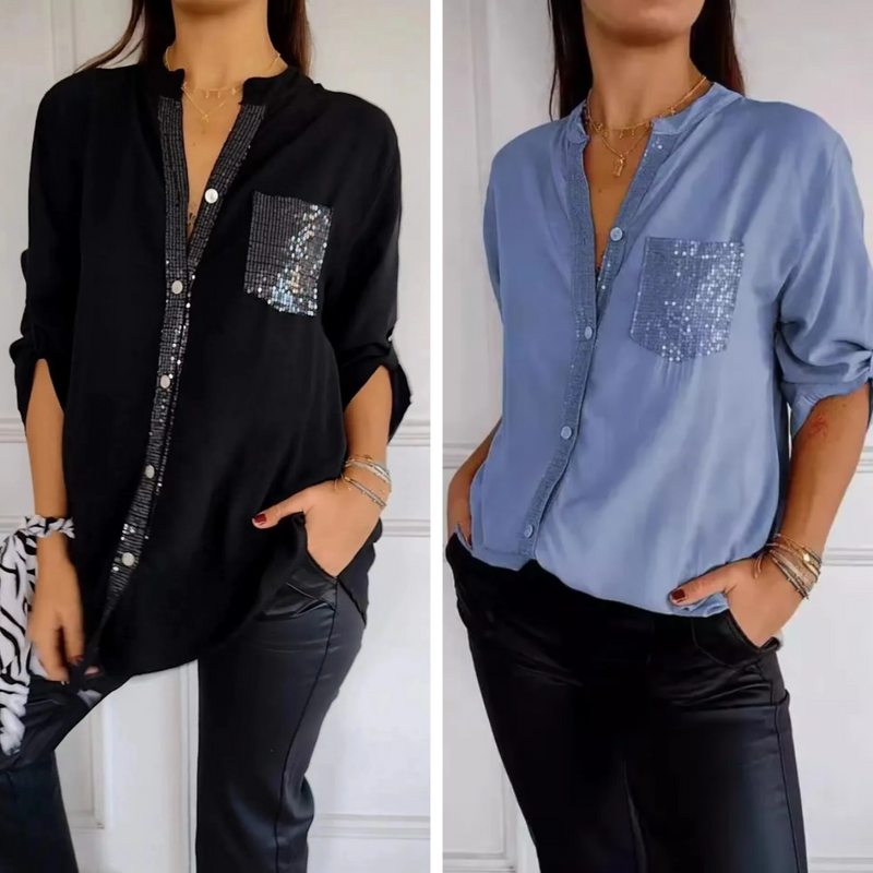 [Liquidação: Compre 1 e Leve 2] Camisa Ortência™ com Brilho em Strass Luxuoso / Envolva-se em Elegância e Conforto que Despertam Desejo!