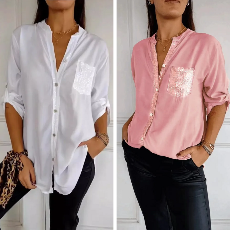 [Liquidação: Compre 1 e Leve 2] Camisa Ortência™ com Brilho em Strass Luxuoso / Envolva-se em Elegância e Conforto que Despertam Desejo!