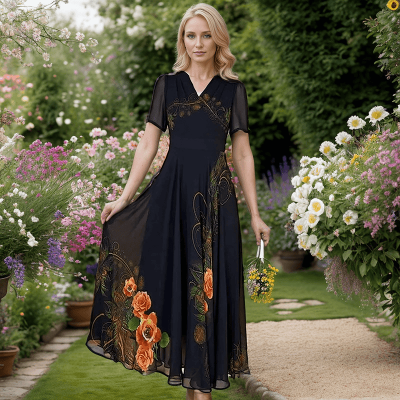Vestido Chelsea™ em Chiffon Floral com Decote V / Elevando seu Estilo a Novas Alturas de Beleza e Elegância - ModernLar