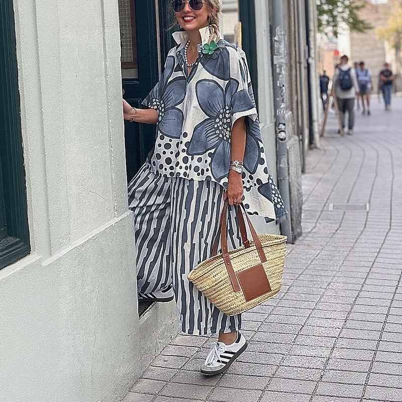 Conjunto Vionelle™ Com Camisa Floral Estampada E Calça Listrada De Caimento Solto / Visual Artístico Com Presença