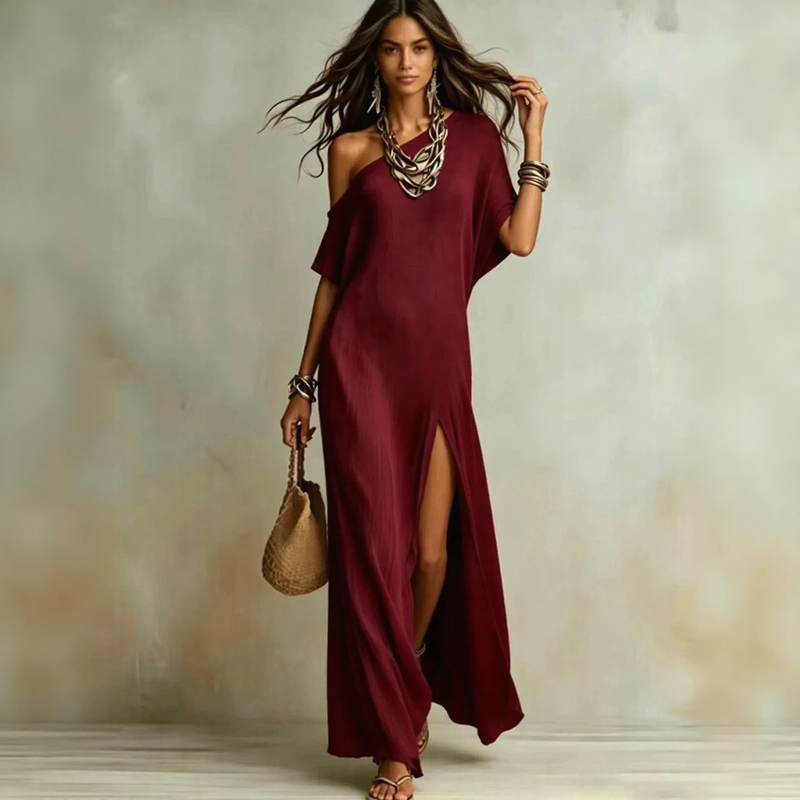 Vestido Velmara™ com Decote Assimétrico e Fenda Frontal Elegante / Elegância Minimalista Para Ocasiões Especiais