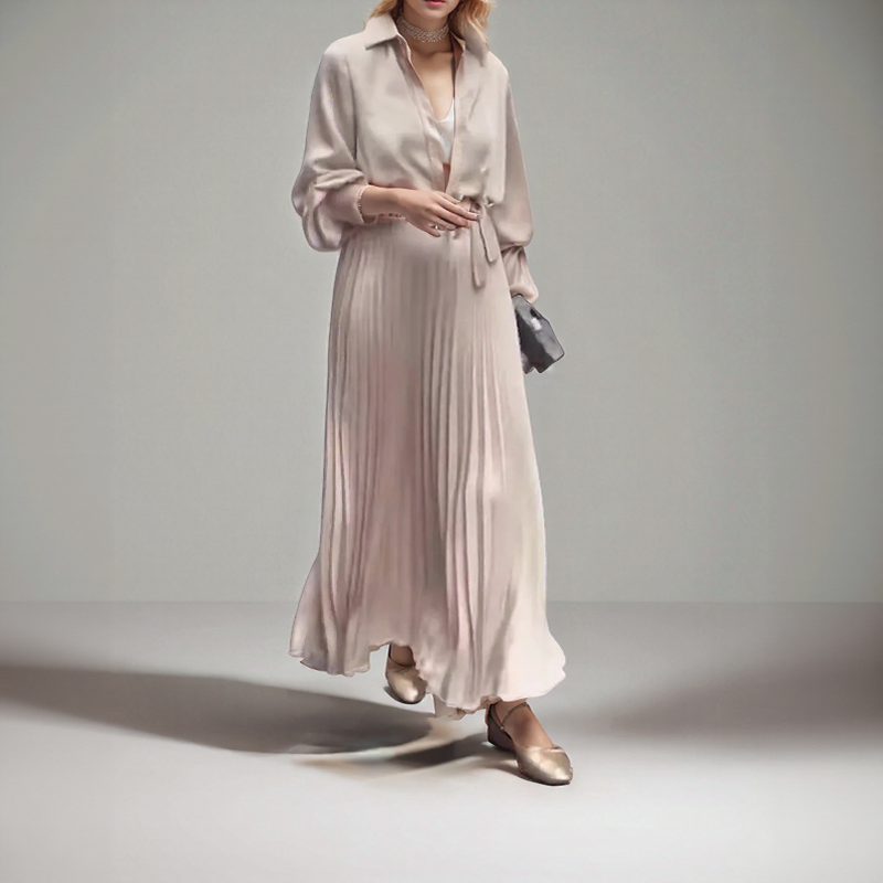 Vestido Lorayne™ em Cetim Plissado  e Gola Chemise / Para Mulheres que Encantam com Sofisticação!