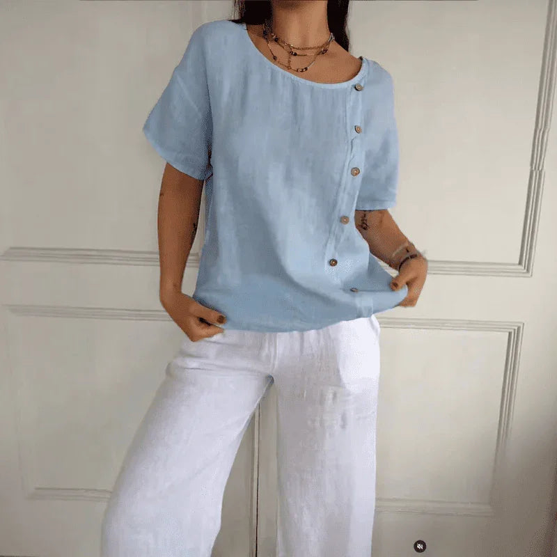 Blusa Amora™ em Algodão Leve com Botões Laterais / Toque Natural, Caimento Solto e Estilo Sem Esforço!