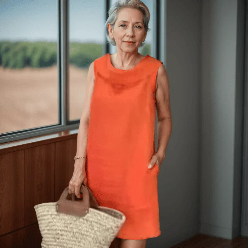 Vestido Tarsila™ com Gola Drapeada e Bolsos Discretos / Estilo Casual-Chique com Conforto e Liberdade em Cada Passo!
