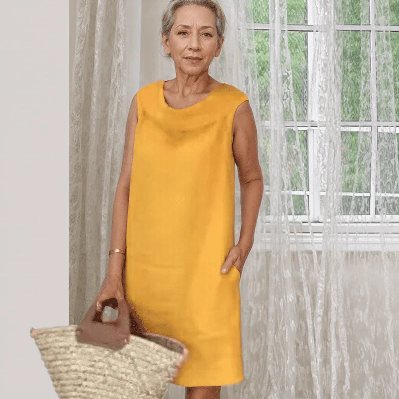 Vestido Tarsila™ com Gola Drapeada e Bolsos Discretos / Estilo Casual-Chique com Conforto e Liberdade em Cada Passo!
