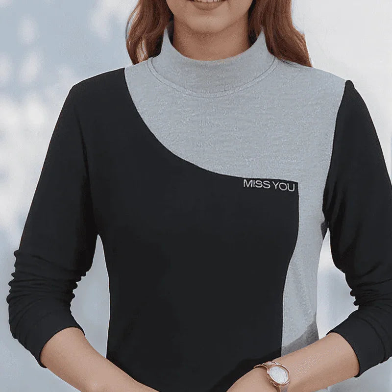 Blusa Cristina™ com Estampa Curva Bicolor e Tecido Térmico / Visual Impecável com Aconchego!