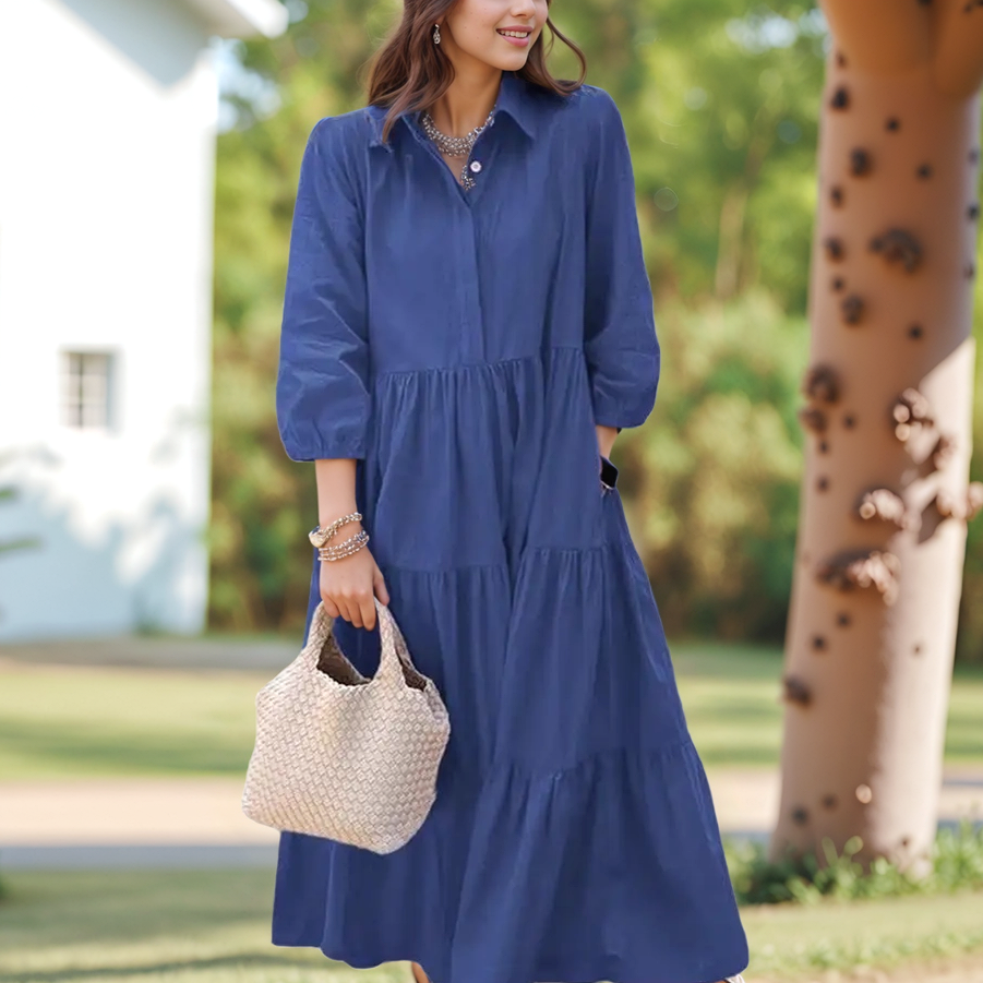 Vestido Margot™ em Algodão Premium com Gola Charmosa e Saia em Camadas / Minimalismo Romântico que Nunca Sai de Moda!