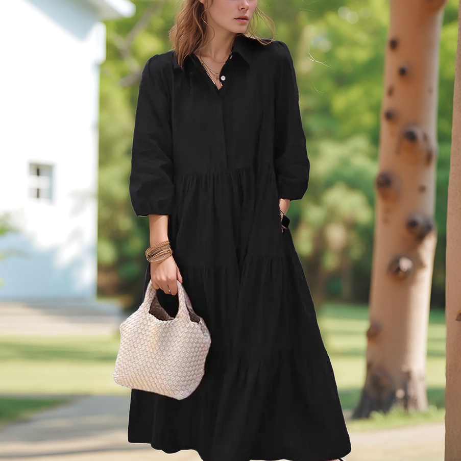 Vestido Margot™ em Algodão Premium com Gola Charmosa e Saia em Camadas / Minimalismo Romântico que Nunca Sai de Moda!