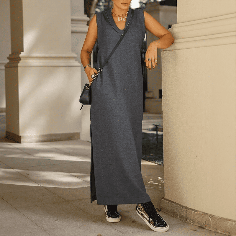 Vestido Longo Cannes™ em Malha Premium com Elastano e Decote em V