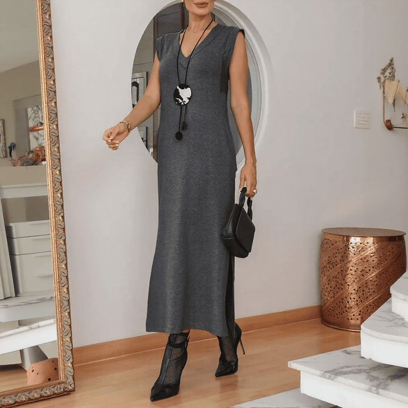 Vestido Longo Cannes™ em Malha Premium com Elastano e Decote em V