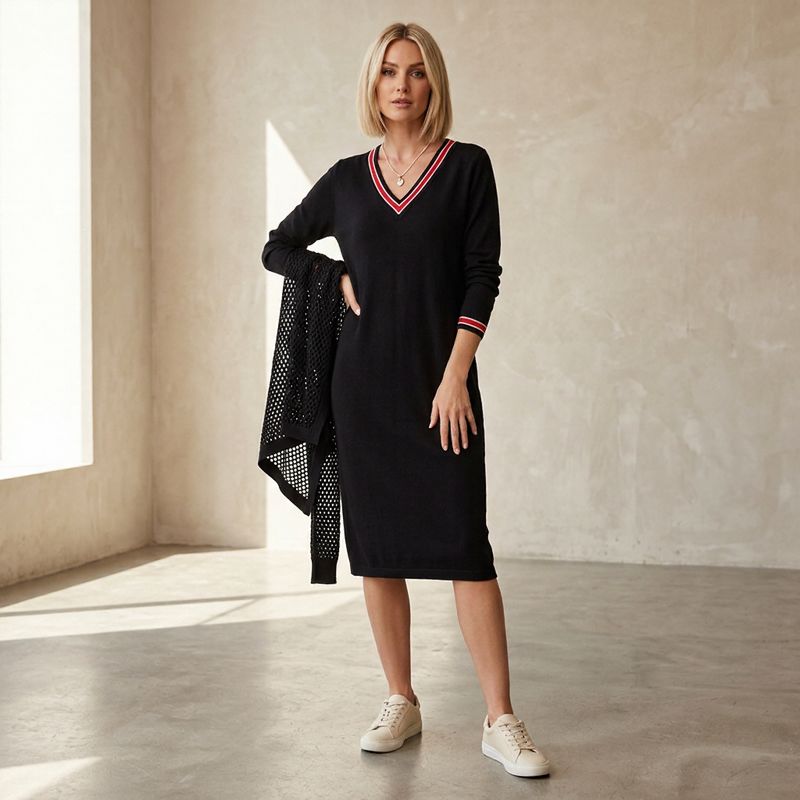 Vestido Midi Freya™ com Decote V Contrastante e Bolsos Estilo Sport Chic