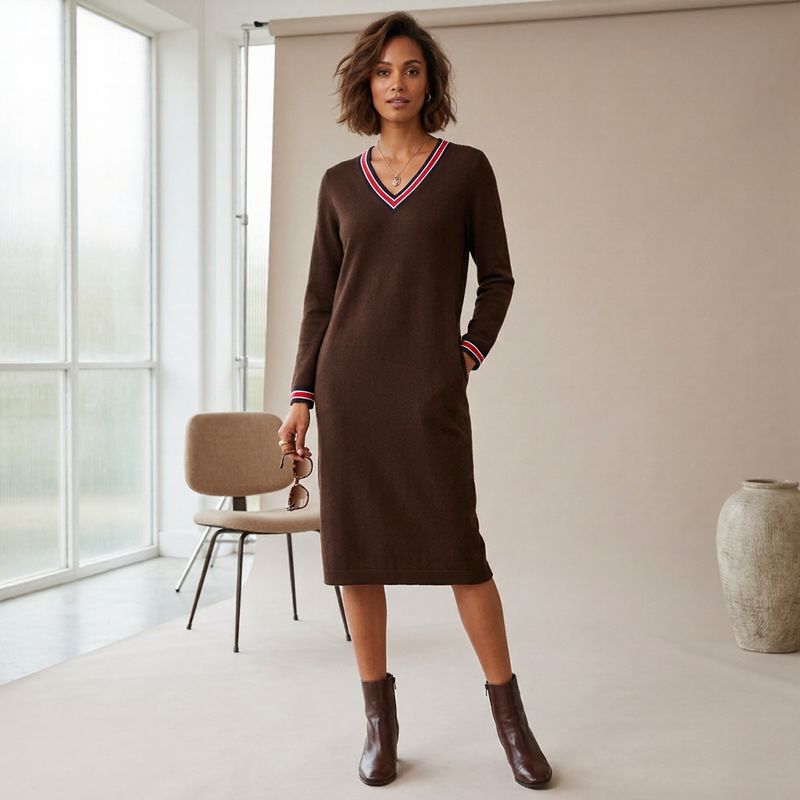 Vestido Midi Freya™ com Decote V Contrastante e Bolsos Estilo Sport Chic