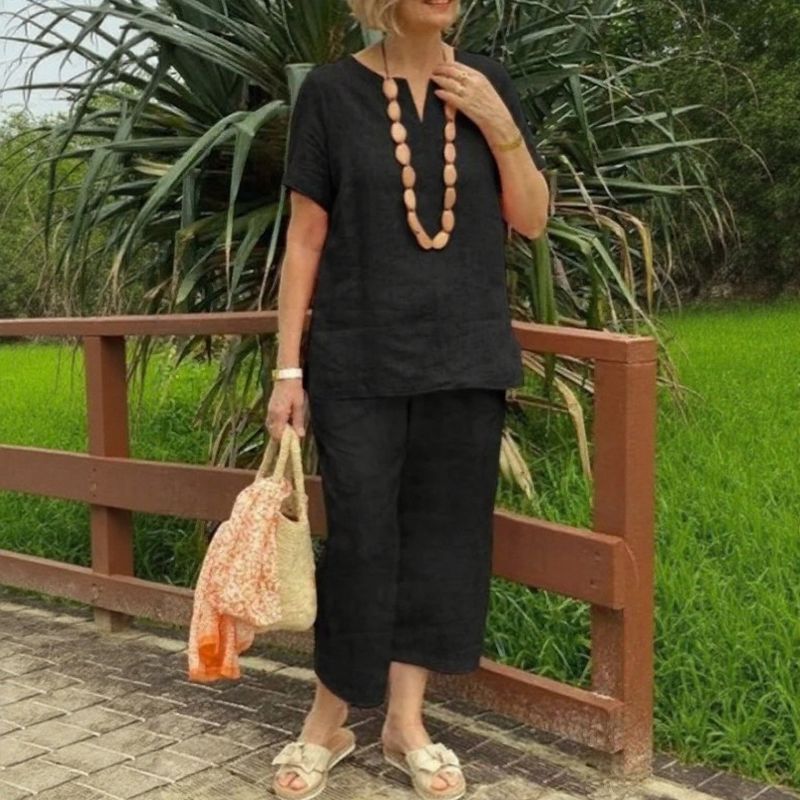 Conjunto Emma™ em Linho de Algodão e Decote em V com Fenda