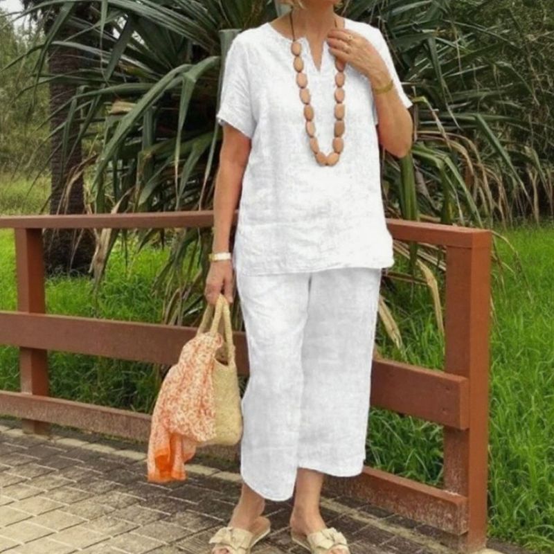 Conjunto Emma™ em Linho de Algodão e Decote em V com Fenda