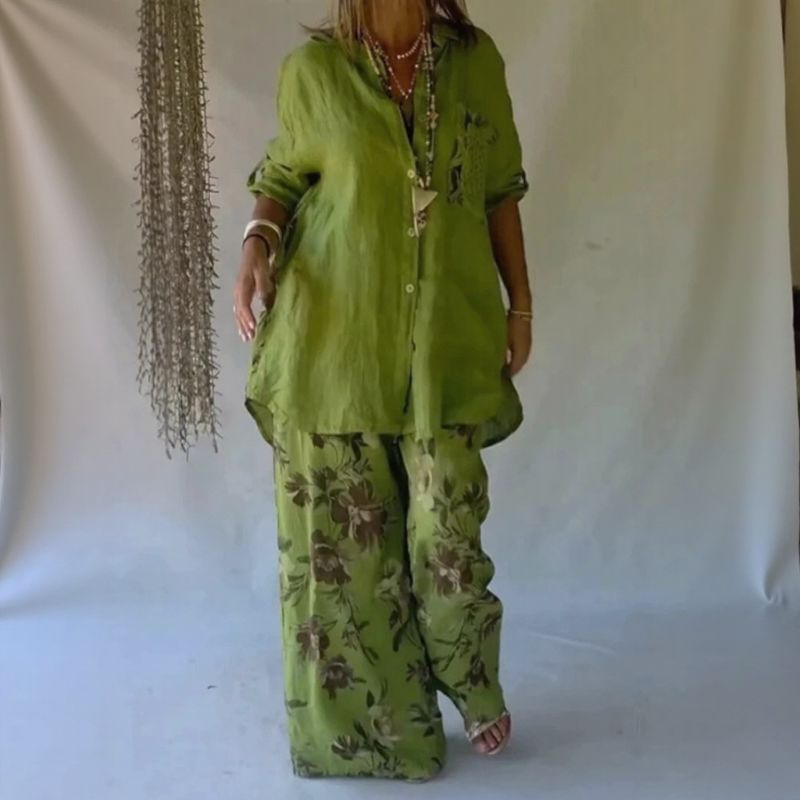 Conjunto Chloe™ com Camisa Abotoada e Calça Ampla de Caimento Leve